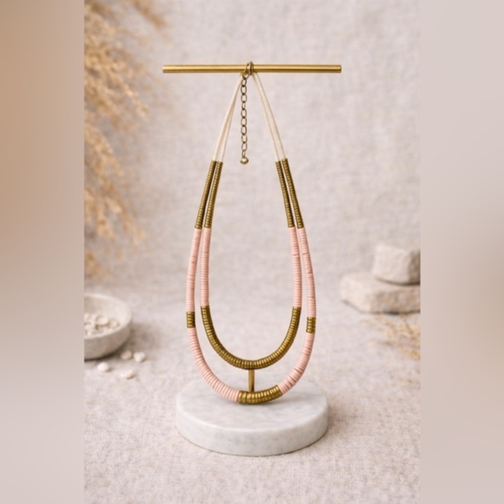 🧡2X strand necklace w/pink shell heishi beads & antique gold-tone spun spacers🩷